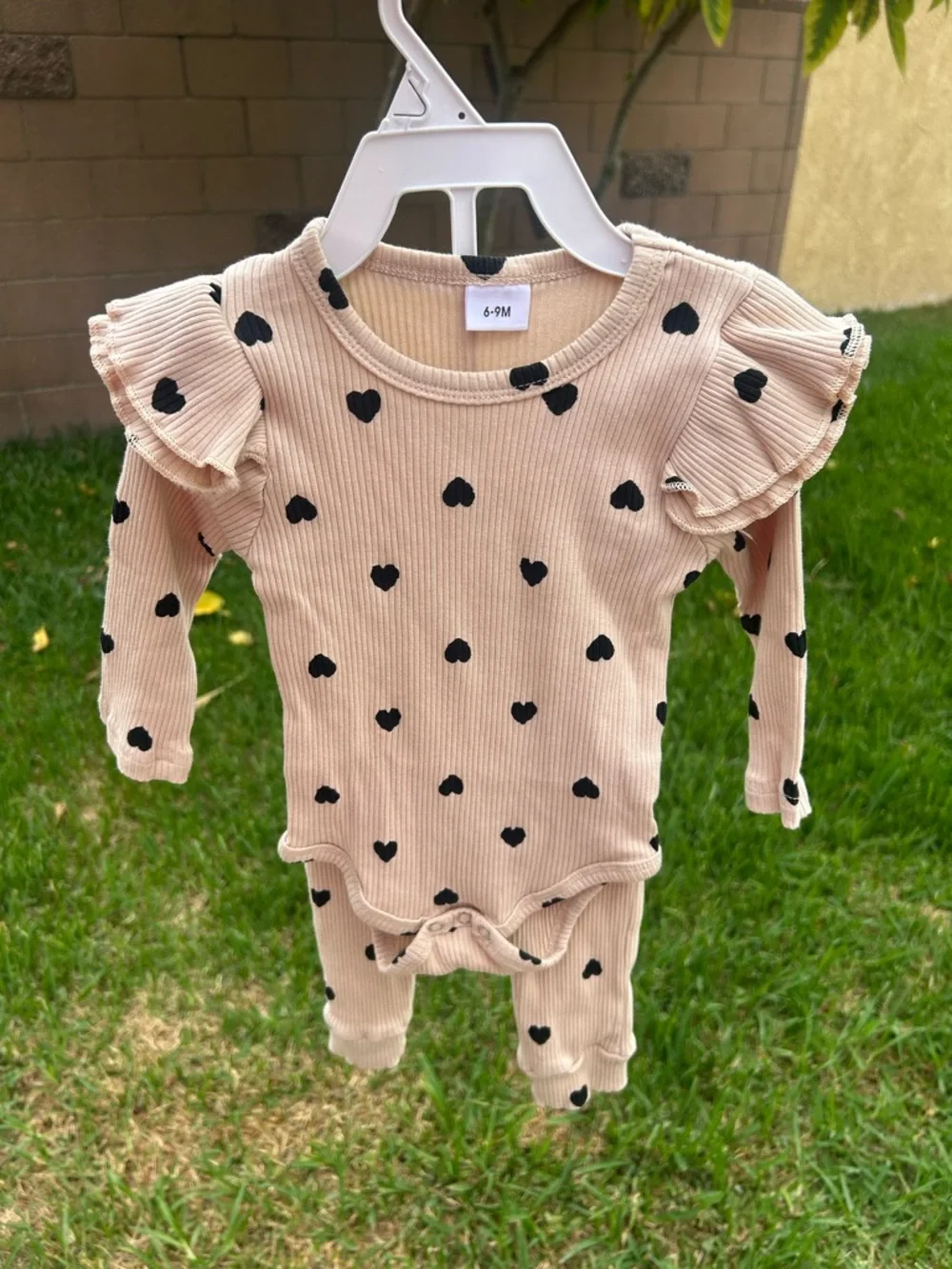 Blush Heart Print Ruffled Shoulder Baby Matching Set